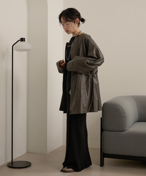 leather like no collar zip up coat /レザーライクノーカラージップ