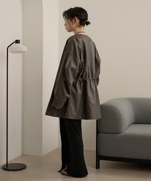 leather like no collar zip up coat /レザーライクノーカラージップ