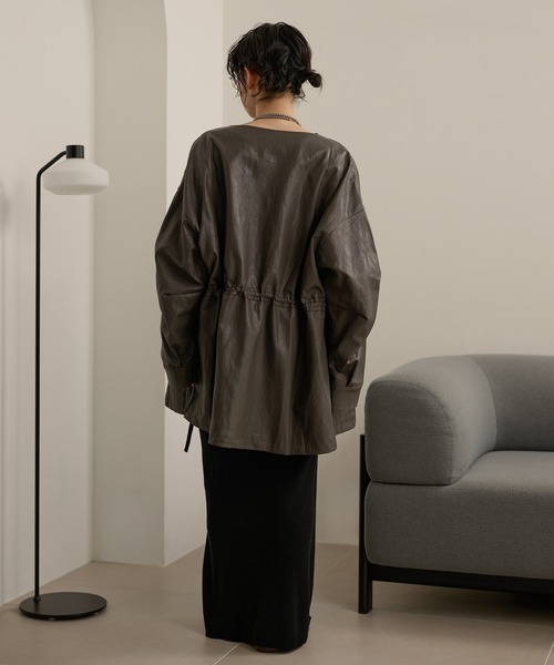 レザーライク ノーカラー ミドル コート leather like no collar zip up coat /レザーライクノーカラージップ