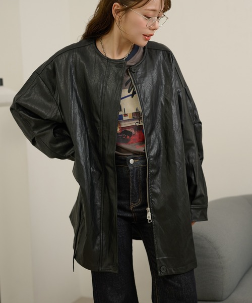leather like no collar zip up coat /レザーライクノーカラージップ