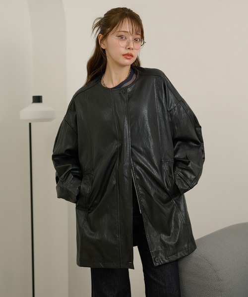 leather like no collar zip up coat /レザーライクノーカラージップ leather like no collar zip up coat /レザーライクノーカラージップ