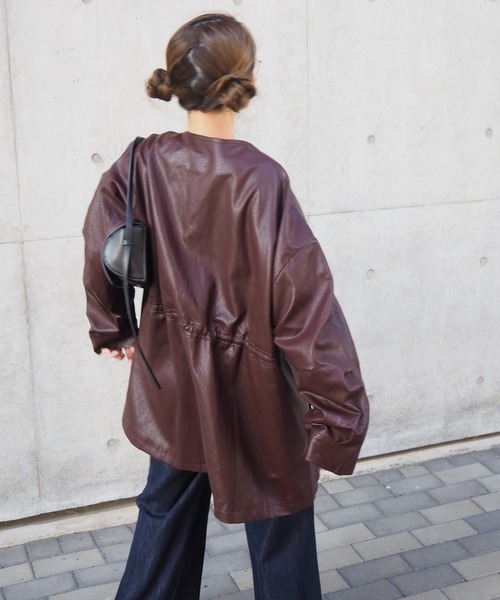 leather like no collar zip up coat /レザーライクノーカラージップ