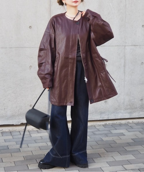 leather like no collar zip up coat /レザーライクノーカラージップ