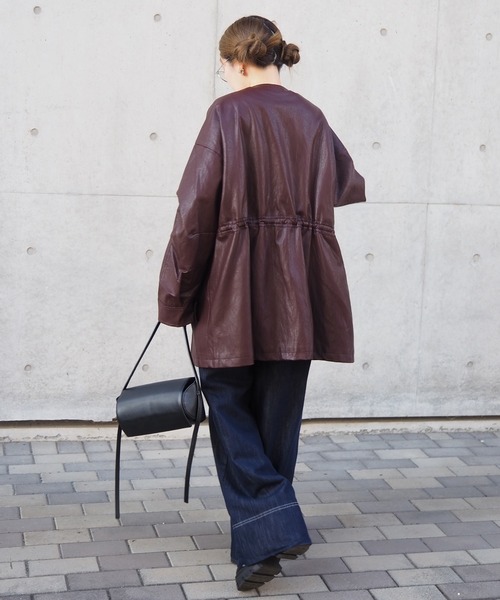 レザーライク ノーカラー ミドル コート leather like no collar zip up coat /レザーライクノーカラージップ