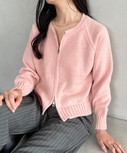 フォクシー ダブルジップ ニットジャケット ピンクベージュ 38 セール】ダブルジップニットトップス（ニット/セーター）｜CLEA