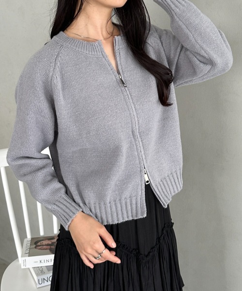 【即日発送】stone  ダブルジップ セーター 薄手 グレー M セール】ダブルジップニットトップス（ニット/セーター）｜CLEA