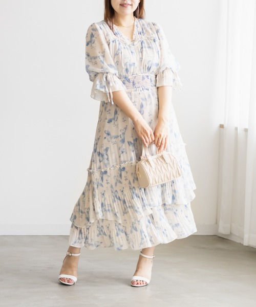 CLETTEオリジナルバタフライ柄フリル使いプリーツワンピ―ス