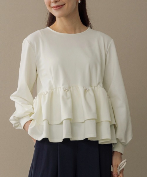 Sono(ソーノ)の「【SONO/ソーノ】【WARM STRETCH】ダブルペプラムプルオーバー(Tシャツ/カットソー・レディース・ネイビー/ホワイト/ブラック・F)」の1枚目の写真