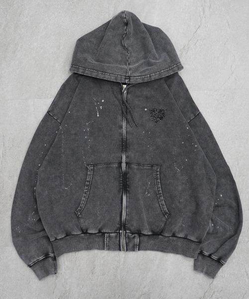 ILL'S(イルズ)の「トライバルハート刺繍 フルジップパーカー グランジ加工×スプラッシュ加工 フーディ メンズ レディース ユニセックス(パーカー・メンズ・ブラック/パープル・L/M)」の18枚目の写真