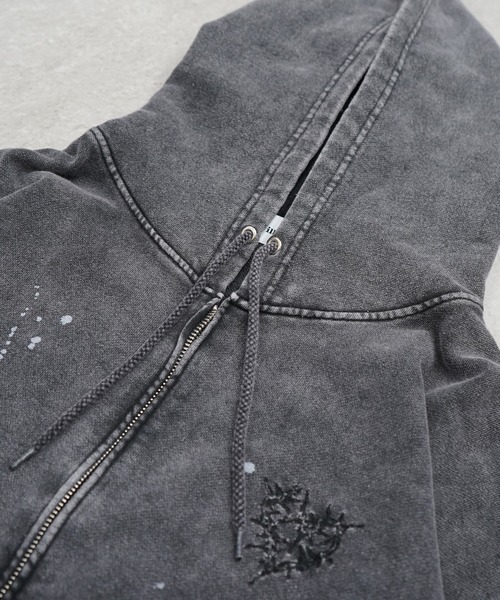 ILL'S(イルズ)の「トライバルハート刺繍 フルジップパーカー グランジ加工×スプラッシュ加工 フーディ メンズ レディース ユニセックス(パーカー・メンズ・ブラック/パープル・L/M)」の14枚目の写真