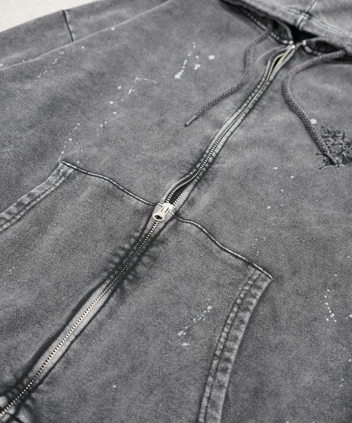ILL'S(イルズ)の「トライバルハート刺繍 フルジップパーカー グランジ加工×スプラッシュ加工 フーディ メンズ レディース ユニセックス(パーカー・メンズ・ブラック/パープル・L/M)」の13枚目の写真