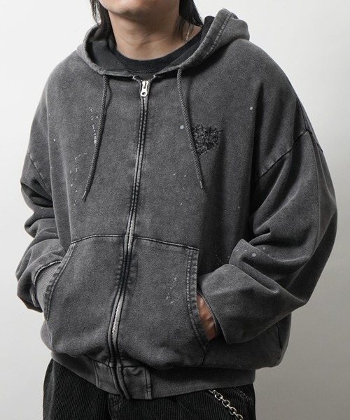 ILL'S(イルズ)の「トライバルハート刺繍 フルジップパーカー グランジ加工×スプラッシュ加工 フーディ メンズ レディース ユニセックス(パーカー・メンズ・ブラック/パープル・L/M)」の22枚目の写真