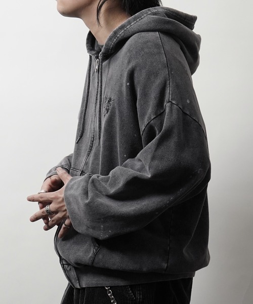 AW トライバルハート刺繍 フルジップパーカー グランジ加工