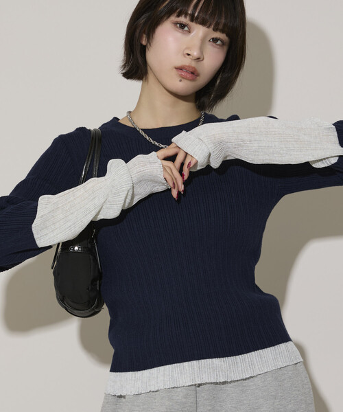 PUBLUX(パブリュクス)の「PUBLUX/パブリュクス 袖配色 リブニット トップス 限定展開(ニット/セーター・レディース・ライトグレー/ブラウン/ネイビー・フリ-)」の12枚目の写真