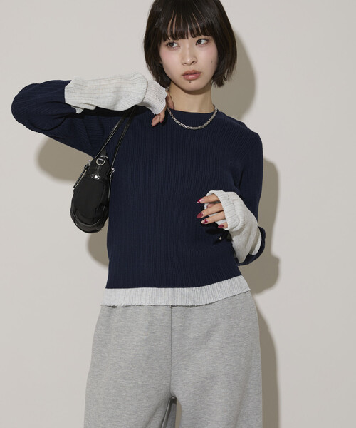 PUBLUX(パブリュクス)の「PUBLUX/パブリュクス 袖配色 リブニット トップス 限定展開(ニット/セーター・レディース・ライトグレー/ブラウン/ネイビー・フリ-)」の13枚目の写真