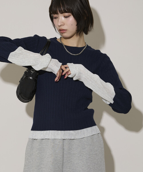 PUBLUX(パブリュクス)の「PUBLUX/パブリュクス 袖配色 リブニット トップス 限定展開(ニット/セーター・レディース・ライトグレー/ブラウン/ネイビー・フリ-)」の19枚目の写真
