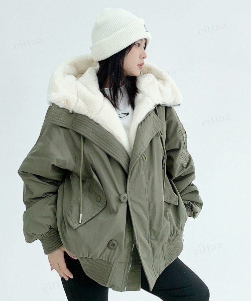Dalfwin（ダールフィン）の「韓国ファッション N3Bボアフード付きコートブルゾン（ブルゾン・レディース・ブラック/オフホワイト/アーミー・FREE）」の3枚目の写真
