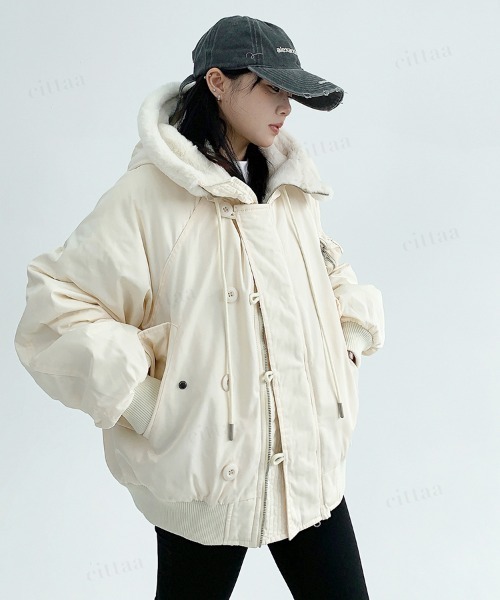 Dalfwin（ダールフィン）の「韓国ファッション N3Bボアフード付きコートブルゾン（ブルゾン・レディース・ブラック/オフホワイト/アーミー・FREE）」の19枚目の写真