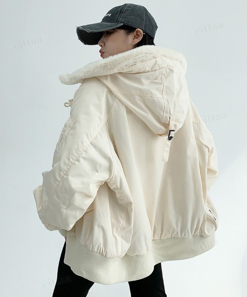 Dalfwin（ダールフィン）の「韓国ファッション N3Bボアフード付きコートブルゾン（ブルゾン・レディース・ブラック/オフホワイト/アーミー・FREE）」の22枚目の写真