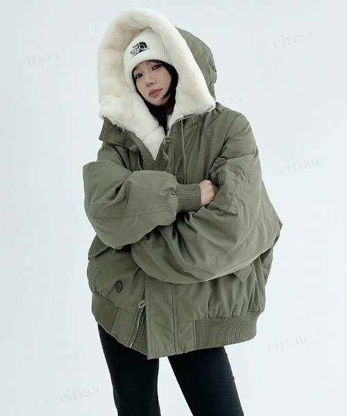 Dalfwin（ダールフィン）の「韓国ファッション N3Bボアフード付きコートブルゾン（ブルゾン・レディース・ブラック/オフホワイト/アーミー・FREE）」の6枚目の写真