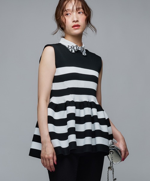 Narcissus(ナルシス)の「【PICCIN】ノースリペプラムニット/ボーダー 《動画あり》(ニット/セーター・レディース・ホワイト/ベージュ・FREE)」の6枚目の写真