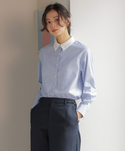 J.PRESS（ジェイプレス）の「【WEB限定カラーあり・2way】エステネージュ TYPEWRITER STRIPE シャツ（シャツ/ブラウス・レディース・ホワイト系/サックスブルー系1/ネイビー系1・11/9）」の3枚目の写真