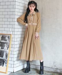 クラシカルバイカラーラインリボンタイプリーツロングワンピース
