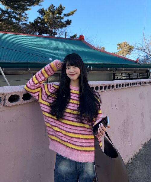 VANONE ATELIER(バノンアトリエ)の「KN4255 ヘアリーストライプニット_Pink(ニット/セーター・レディース・ピンク・FREE)」の3枚目の写真