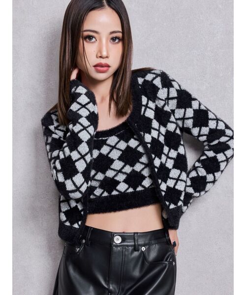 GYDA（ジェイダ）の「Argyll patternミニシャギーニットカーディガン（カーディガン/ボレロ・レディース・ブラック/オフホワイト・FREE）」の2枚目の写真