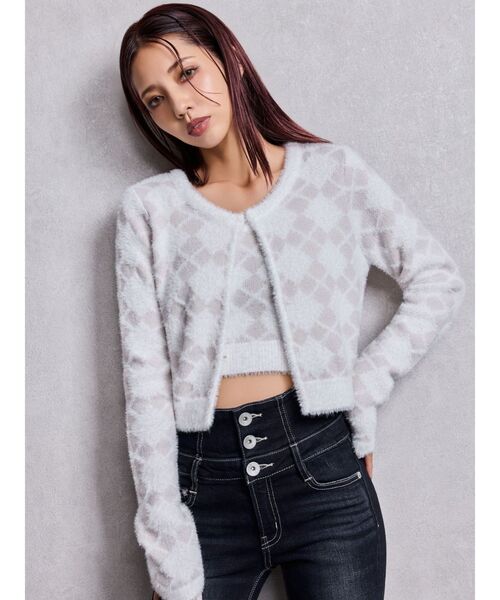 GYDA（ジェイダ）の「Argyll patternミニシャギーニットカーディガン（カーディガン/ボレロ・レディース・ブラック/オフホワイト・FREE）」の8枚目の写真