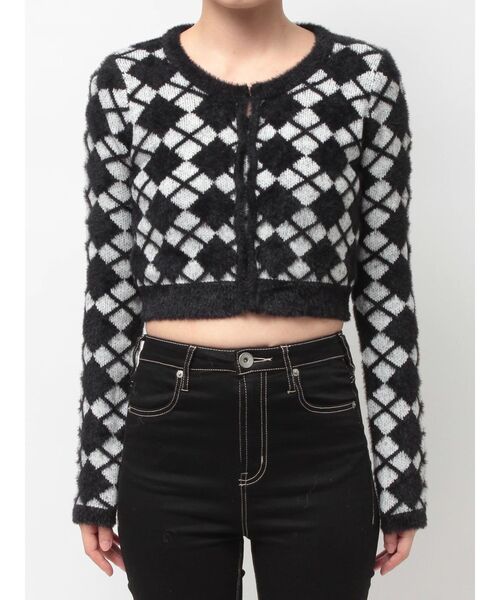 GYDA（ジェイダ）の「Argyll patternミニシャギーニットカーディガン（カーディガン/ボレロ・レディース・ブラック/オフホワイト・FREE）」の12枚目の写真