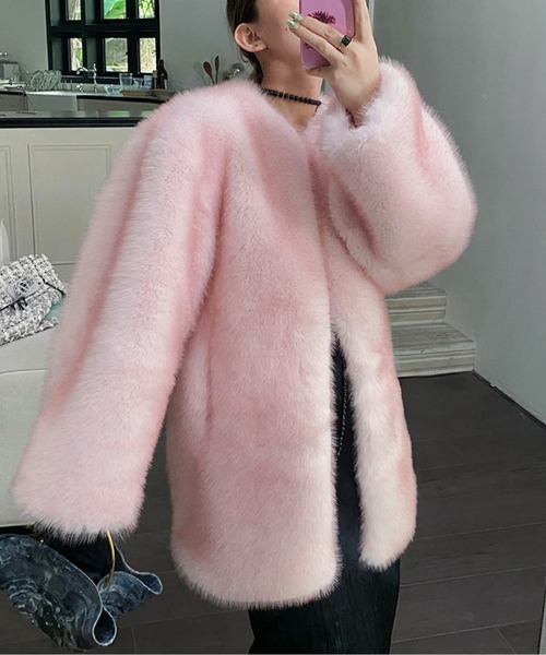 ノーカラーエコファーショートコート（ノーカラーコート）｜AMAJI