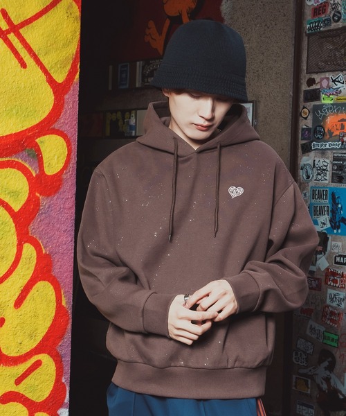 SIDEWAY STANCE（サイドウェイスタンス）の「【SIDEWAY STANCE】ラメ 裏起毛 ロゴプリント＆ワンポイント刺しゅう プルパーカー（パーカー・メンズ・ネイビー系/ブラウン系/ネイビー/ブラウン/ブラック/ブラック系・LARGE/MEDIUM）」の22枚目の写真