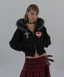 FUR TRIMMING HOODED ZIP-UP / BLACK