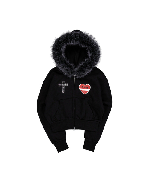 セール】FUR TRIMMING HOODED ZIP-UP / BLACK（パーカー）｜SETUP-EXE