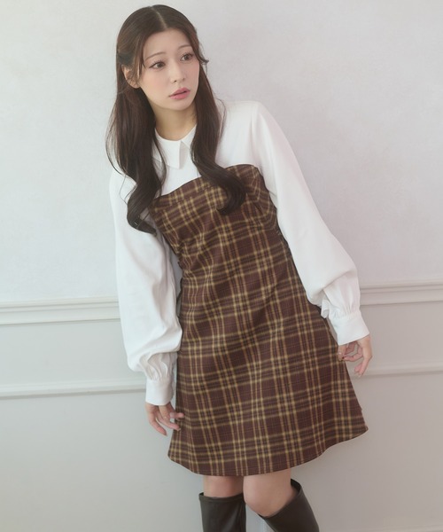 side lace up plaid pattern mini dress / サイドレースアップチェック