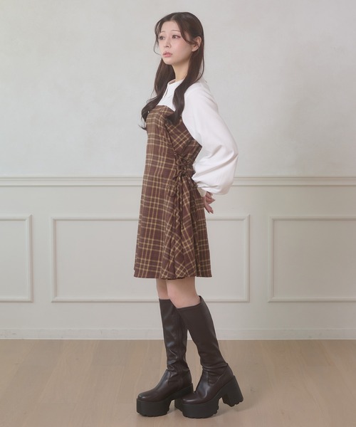 side lace up plaid pattern mini dress / サイドレースアップチェック