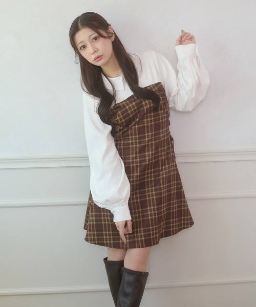 side lace up plaid pattern mini dress / サイドレースアップチェック