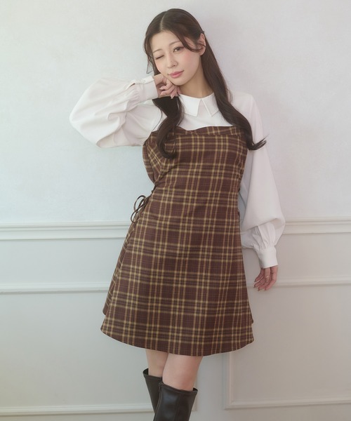 side lace up plaid pattern mini dress / サイドレースアップチェック