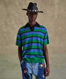 ADSB ANDERSSON BELL（アンダースンベル）の「Damaged Stripe Polo Sweater atb1242m (BLUE/GREEN/BLACK)（ニット/セーター）」