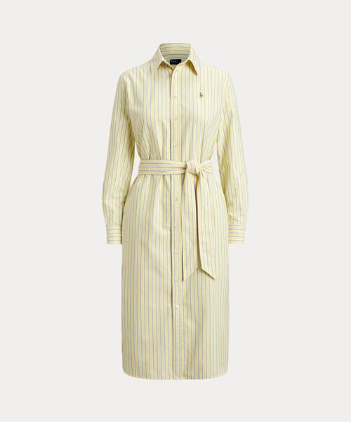 ストライプド コットン オックスフォード ベルテッド シャツドレス