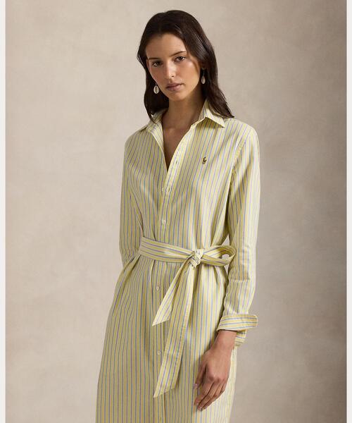 ストライプド コットン オックスフォード ベルテッド シャツドレス