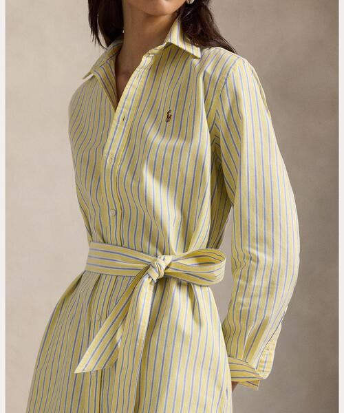 ストライプド コットン オックスフォード ベルテッド シャツドレス