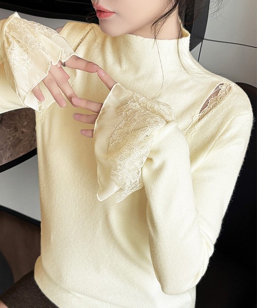 MILAE（ミレ）の「レースドッキングハイネックニットトップス（ニット/セーター・レディース・ブラック/グレー/オフホワイト・FREE）」の8枚目の写真