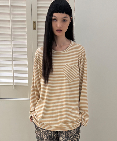 ハートパッチストライプロングスリーブ - キャラメル