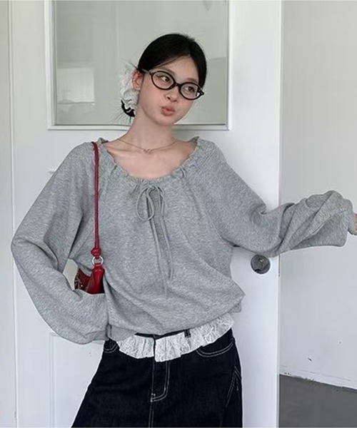 AsheKsha(アシクシャ)の「一着で様々な着こなしが楽しめるゆったりフーディ長袖トップス(スウェット・レディース・グレー/ベージュ・F)」の9枚目の写真