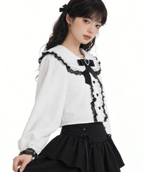 gossip!ロサンゼルス(ゴシップロサンゼルス)の「【Y2Kガーリー】レトロレースフリルリボン付きセーラーカラーブラウス(シャツ/ブラウス・レディース・ブラック/ホワイト/ピンク・FREE)」の2枚目の写真