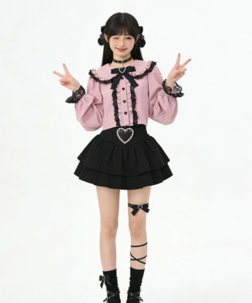 gossip!ロサンゼルス(ゴシップロサンゼルス)の「【Y2Kガーリー】レトロレースフリルリボン付きセーラーカラーブラウス(シャツ/ブラウス・レディース・ブラック/ホワイト/ピンク・FREE)」の8枚目の写真