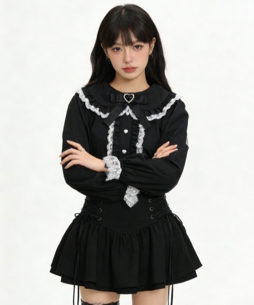 gossip!ロサンゼルス(ゴシップロサンゼルス)の「【Y2Kガーリー】レトロレースフリルリボン付きセーラーカラーブラウス(シャツ/ブラウス・レディース・ブラック/ホワイト/ピンク・FREE)」の9枚目の写真