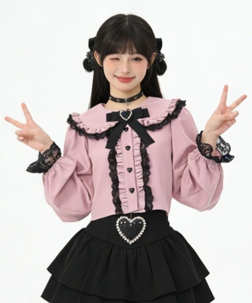 gossip!ロサンゼルス(ゴシップロサンゼルス)の「【Y2Kガーリー】レトロレースフリルリボン付きセーラーカラーブラウス(シャツ/ブラウス・レディース・ブラック/ホワイト/ピンク・FREE)」の6枚目の写真